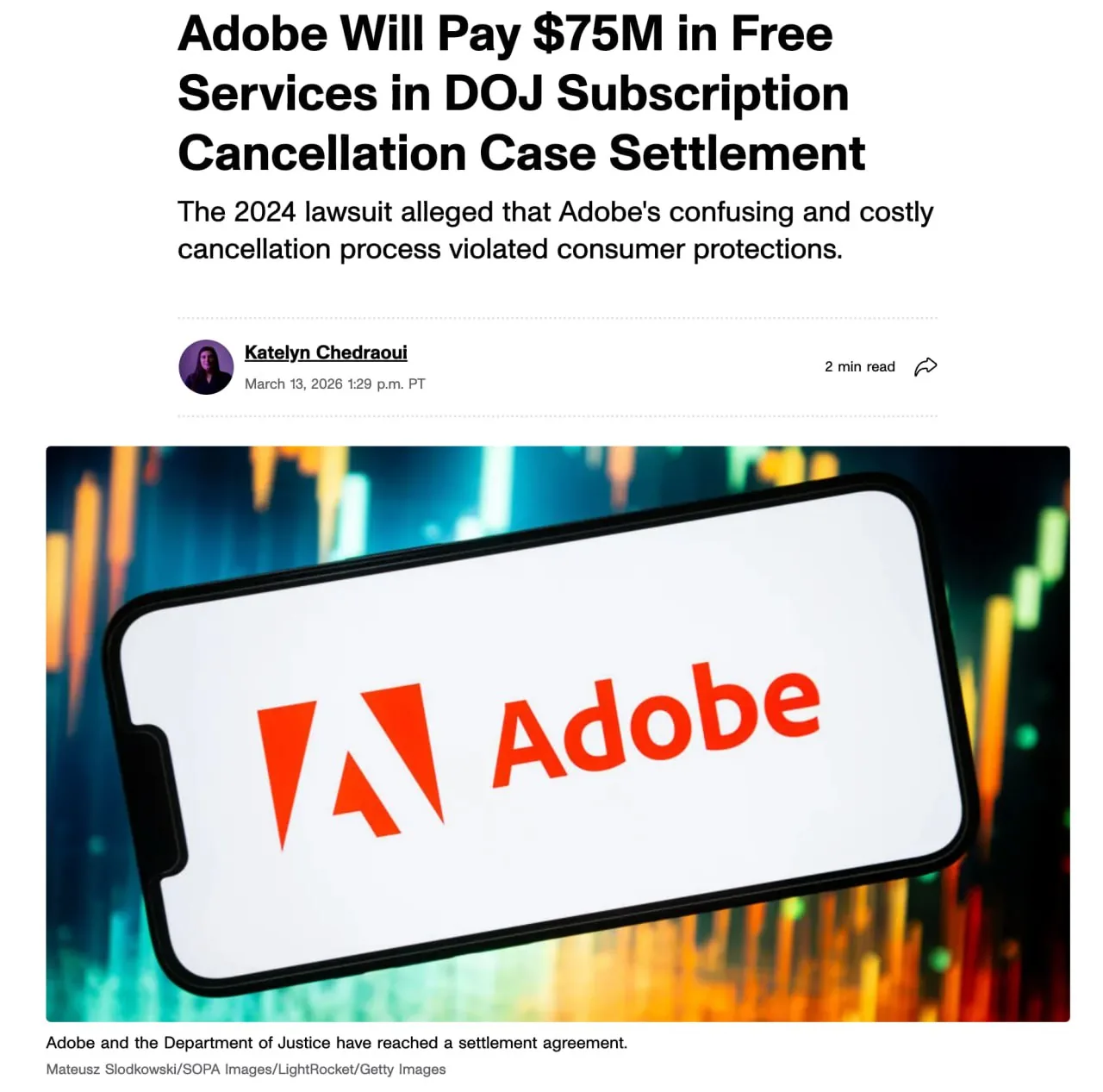 Adobe штраф $75 млн DOJ: за приховані комісії і складне скасування підписки