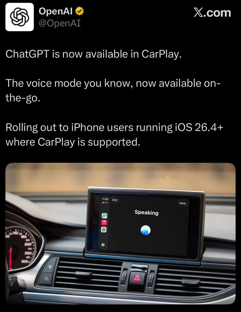 ChatGPT в Apple CarPlay: доступно з iOS 26.4