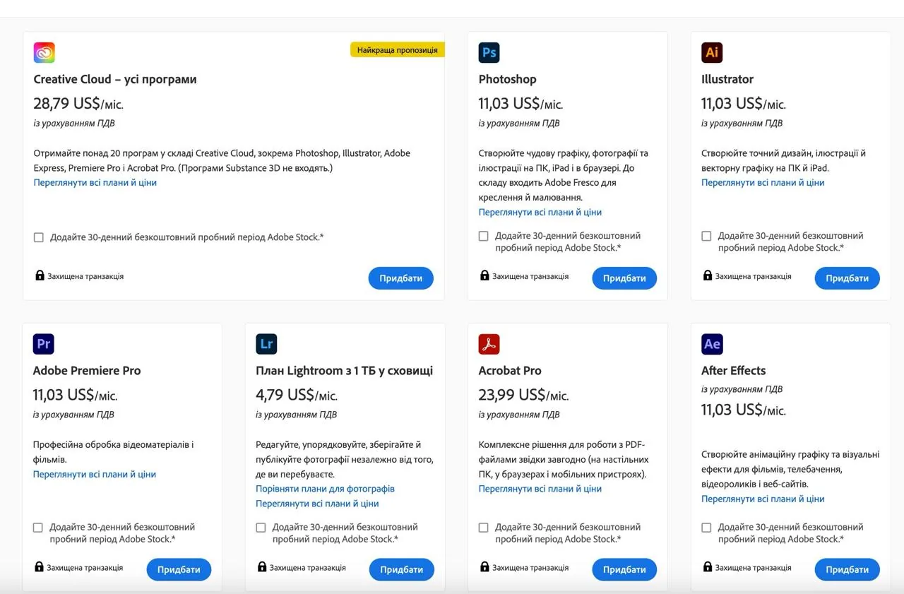 Adobe Creative Cloud для фотографів в Україні: ціна $4,79 проти $19,99 у США